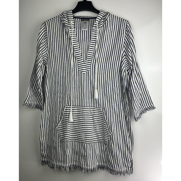 Tommy Bahama Yarn Dyed Striped Cotton Hoodie Pullover Swim Cover Beach Top Large - Picture 2 of 9